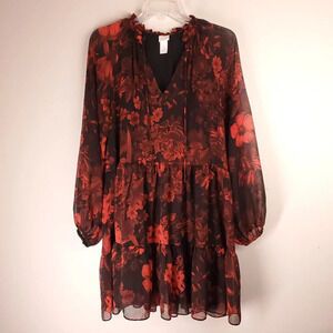 H&M Floral Chiffon‎ Puff Sleeve Red Black Dress WhimsiGoth Sheer Size 4